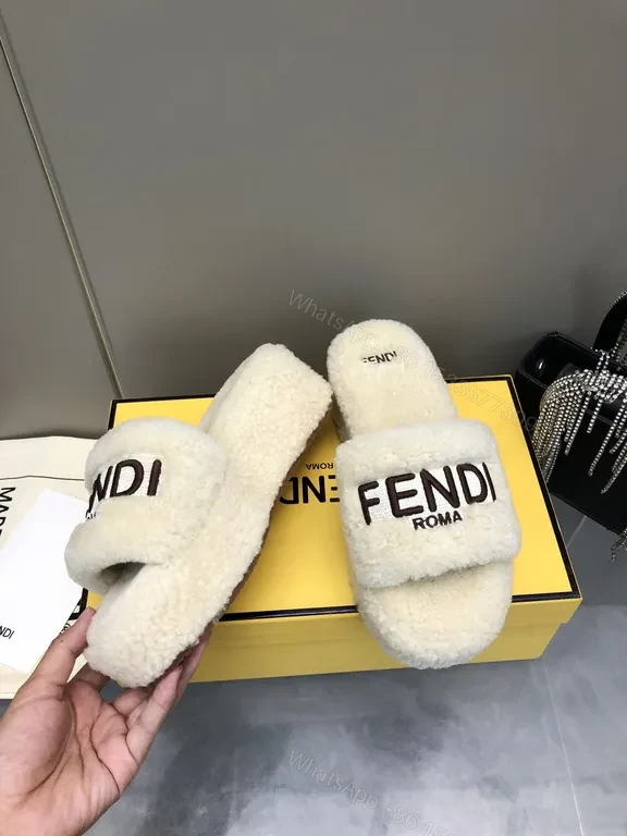 View 3 of Off-White Material: Fendi Shearling Slides - Cozy Luxe Footwear