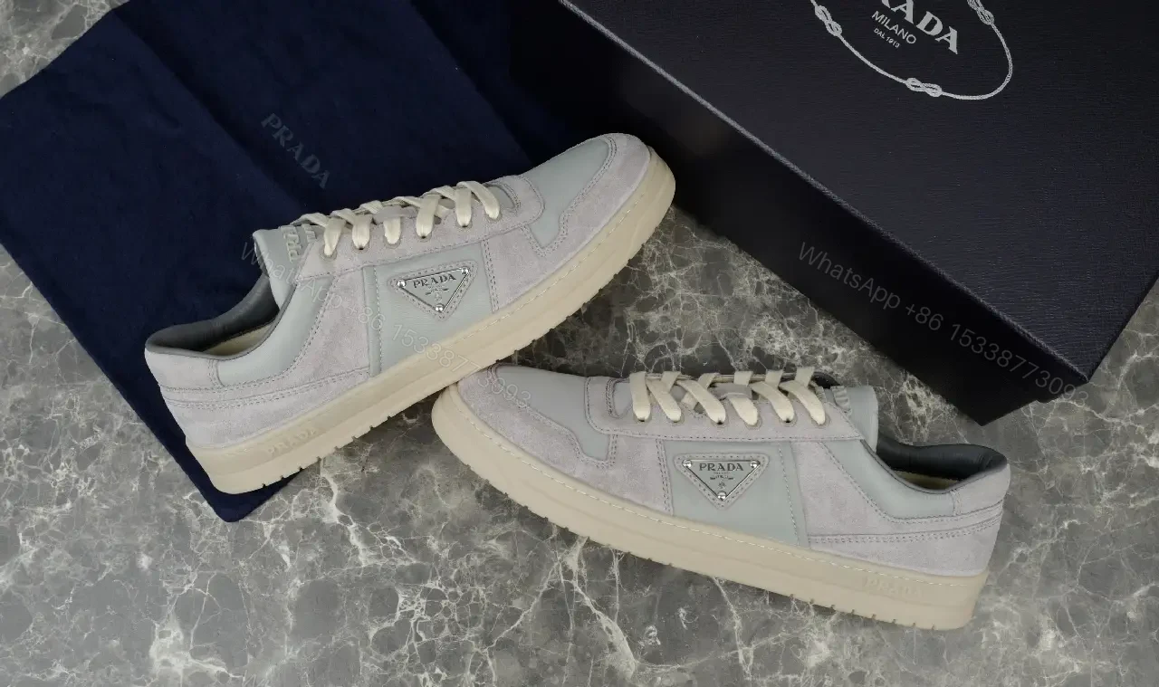 View 7 of White Leather Suede Low-Top Sneaker with Prada Logo Cardboard Mountain Crest
