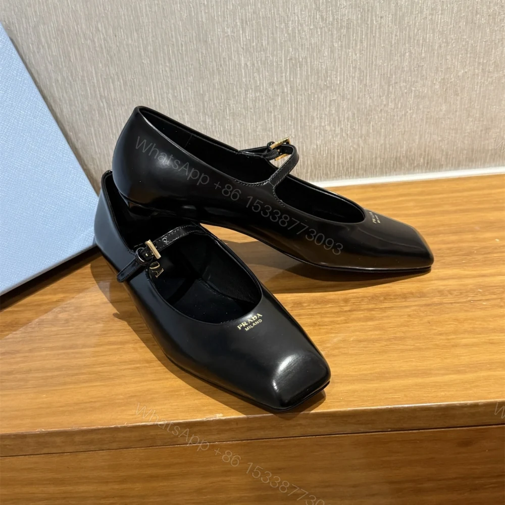 View 6 of 高仿Prada*1F826N方頭皮質塔扣平跟單鞋黑色免檢版