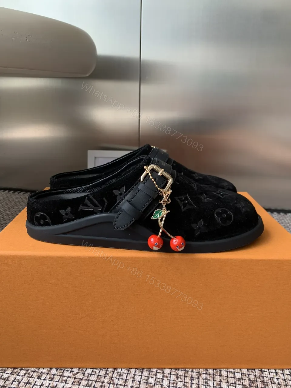 View 4 of Monochrome Velvet Slip-Ons with Gold Hardware