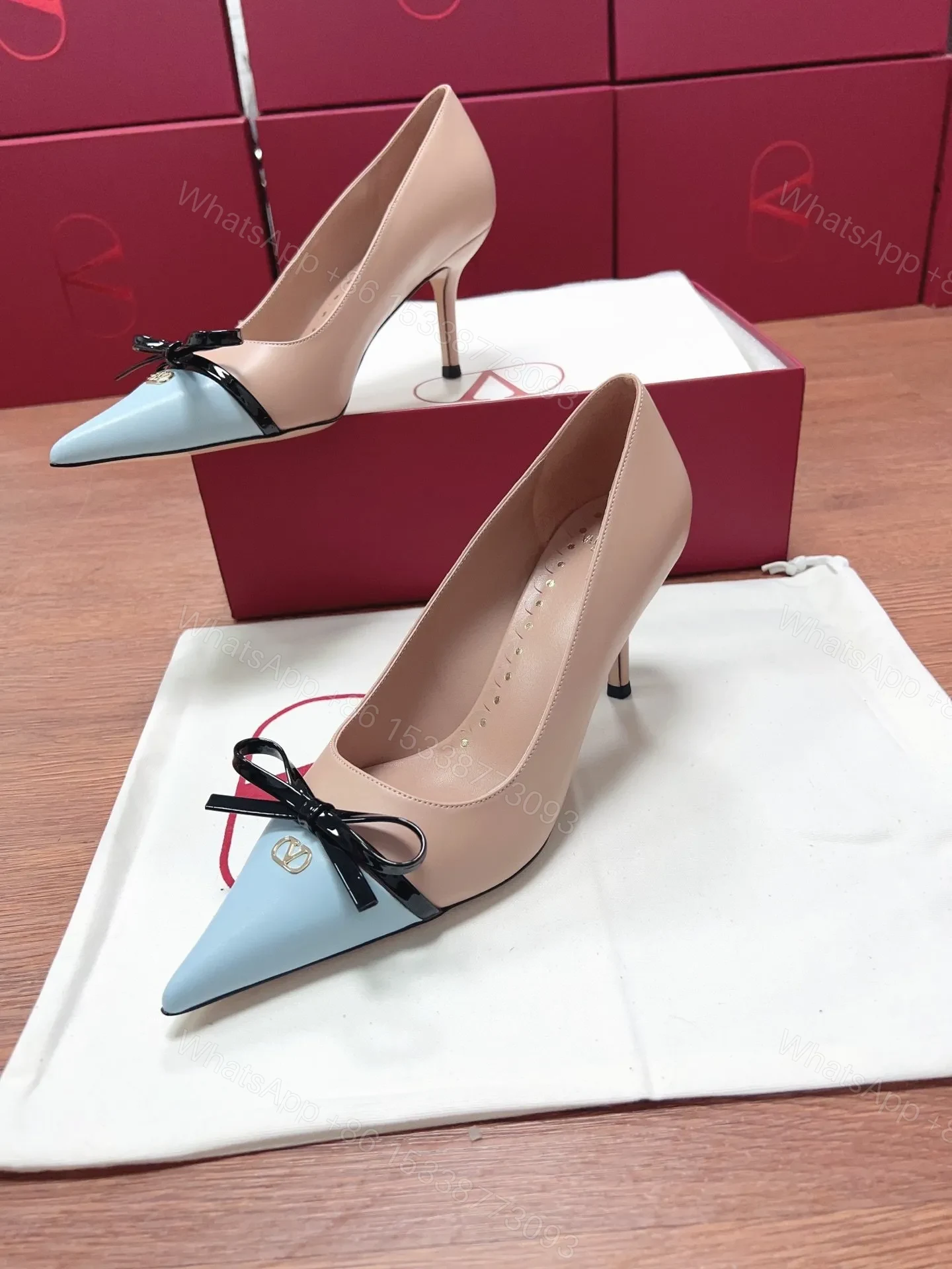View 6 of Valentino Women Beige Leather Blue Bow Detail Pumps