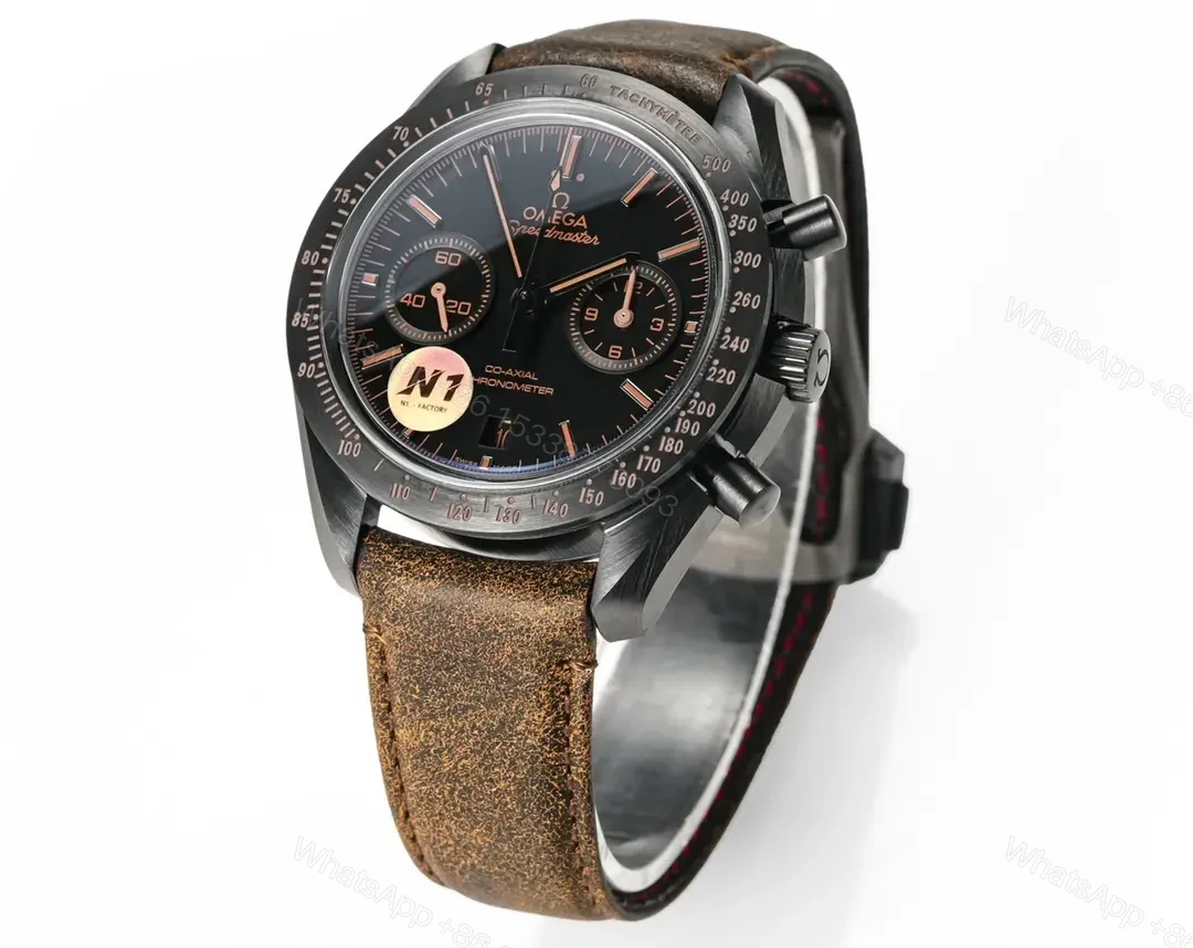 View 4 of Omega Speedmaster Dark Side of the Moon Black Ceramic Chronograph with Brown Leather Strap