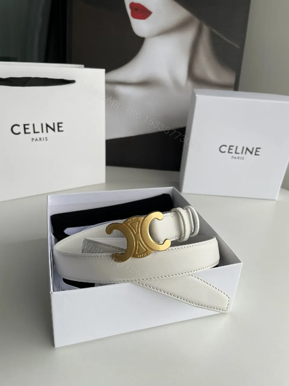 View 4 of White Leather Belt with Gold Buckle, Luxury Minimalist Style