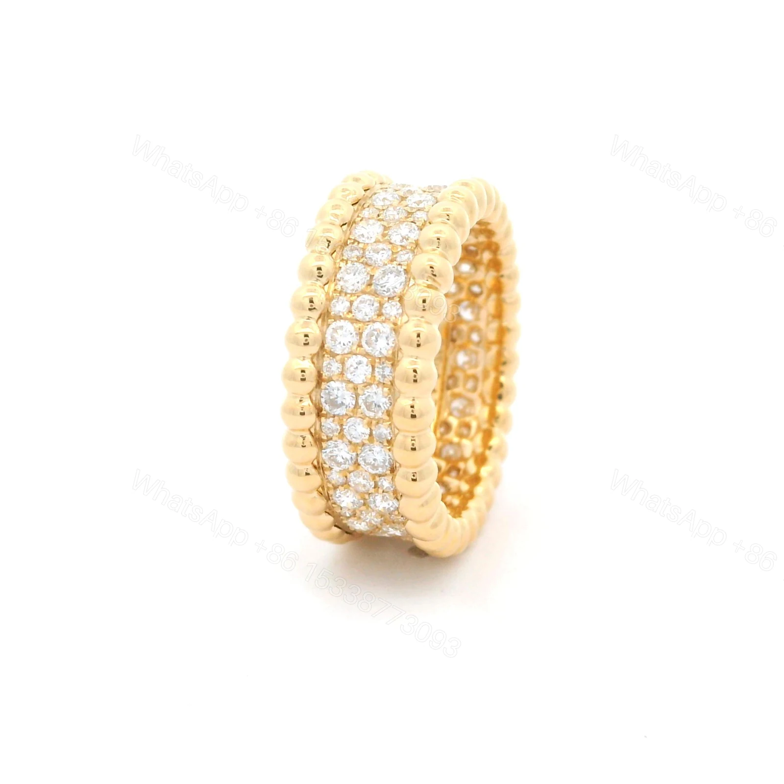 View 3 of 18K Gold Van Cleef & Arpels Perlée Pave 3 Row Wide Diamond Ring