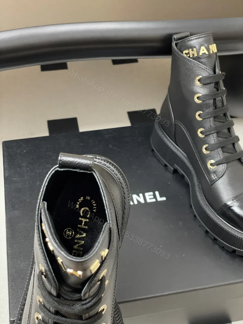 View 7 of Black Leather Combat Boots with Gold Branding Feature