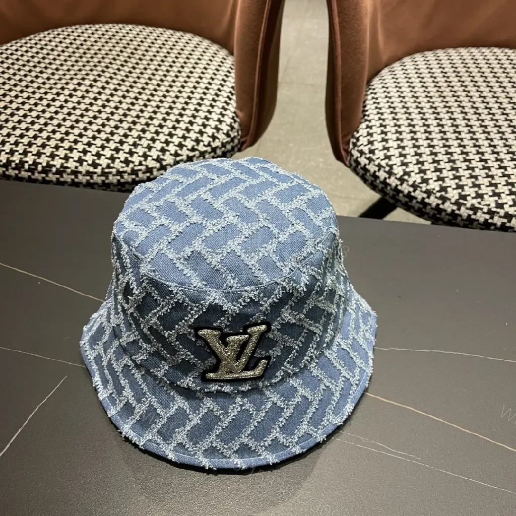 View 4 of Textured Denim Bucket Hat with LV Emblem