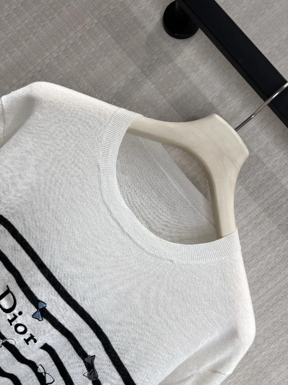 View 7 of White Knit Top Black Stripes Dior Floral Pattern Crew Neck Crop Top