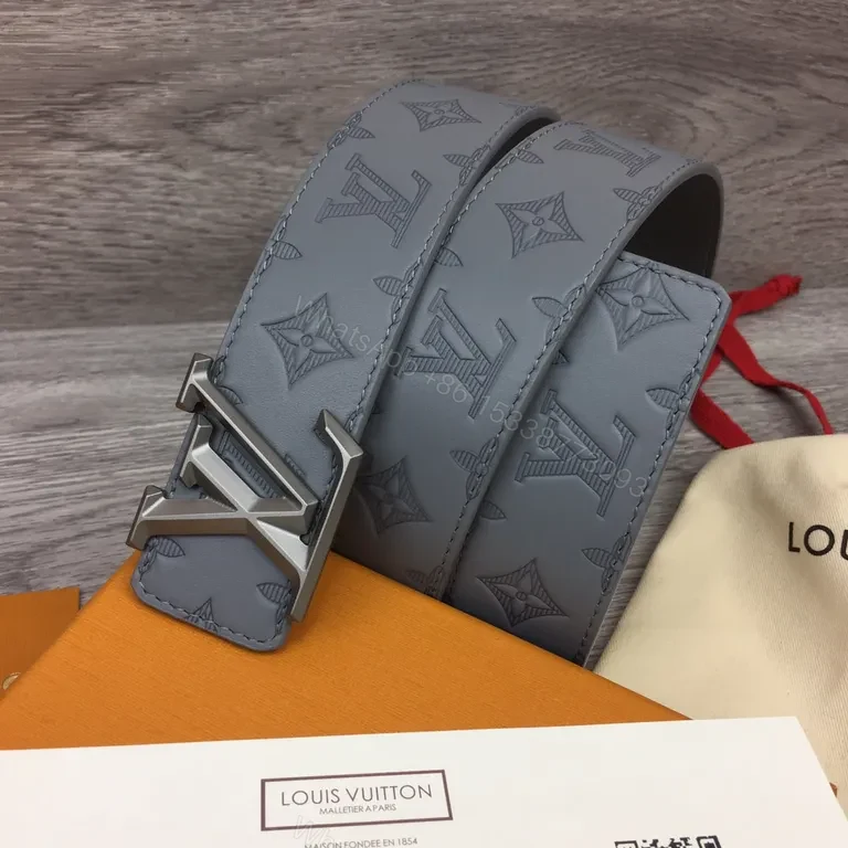 View 5 of Monogram Gray Leather Belt â€” Gold Buckle, All-Occasion Style