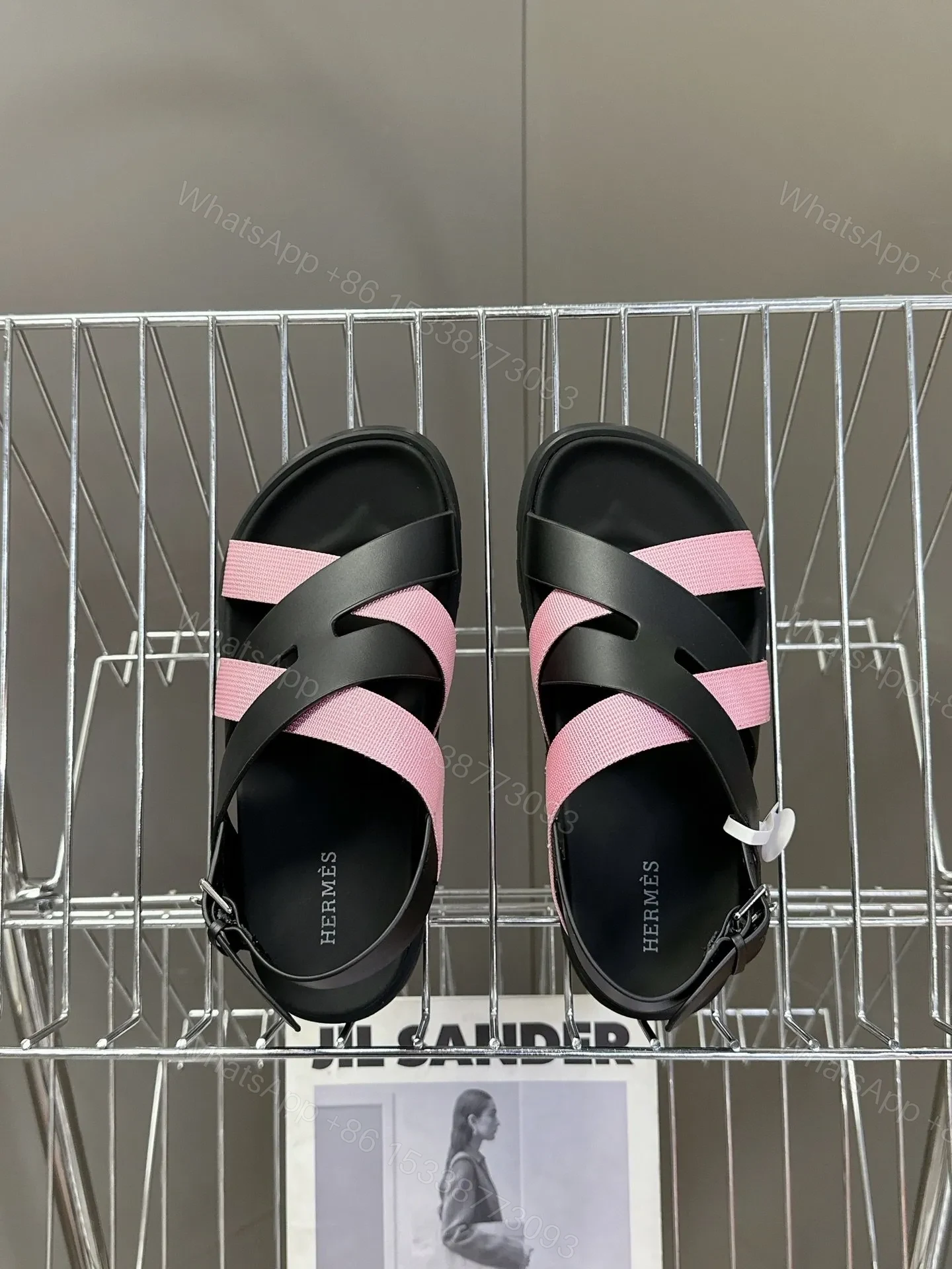 View 2 of Hermes Women Black Pink Leather Strappy Sandals