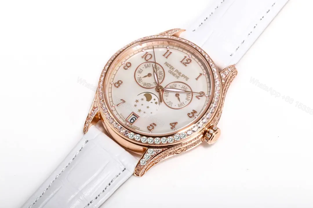 View 4 of Patek Philippe Complications Collection Ladies’ Annual Calendar Moon Phase Watch in Rose Gold with Diamond Set Case White Mother of Pearl Dial and Italian Leather Strap