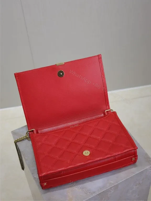 View 3 of Radiant Red Quilted Leather Crossbody Bag with Gold Emblem