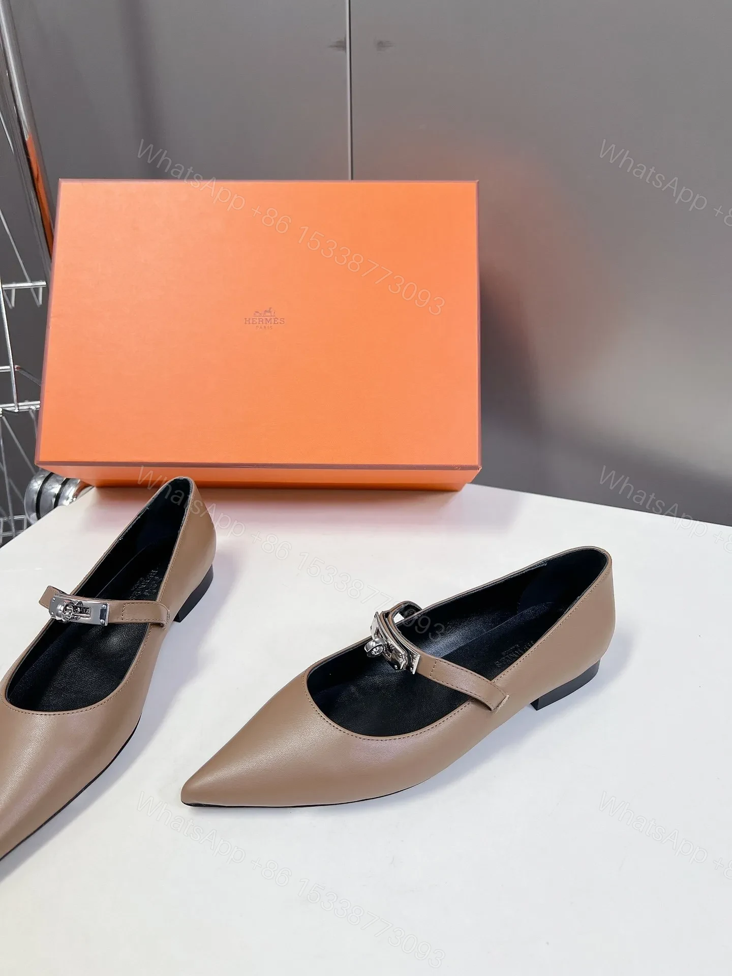 View 5 of Hermes Women Beige Leather Pointed Strap Flats