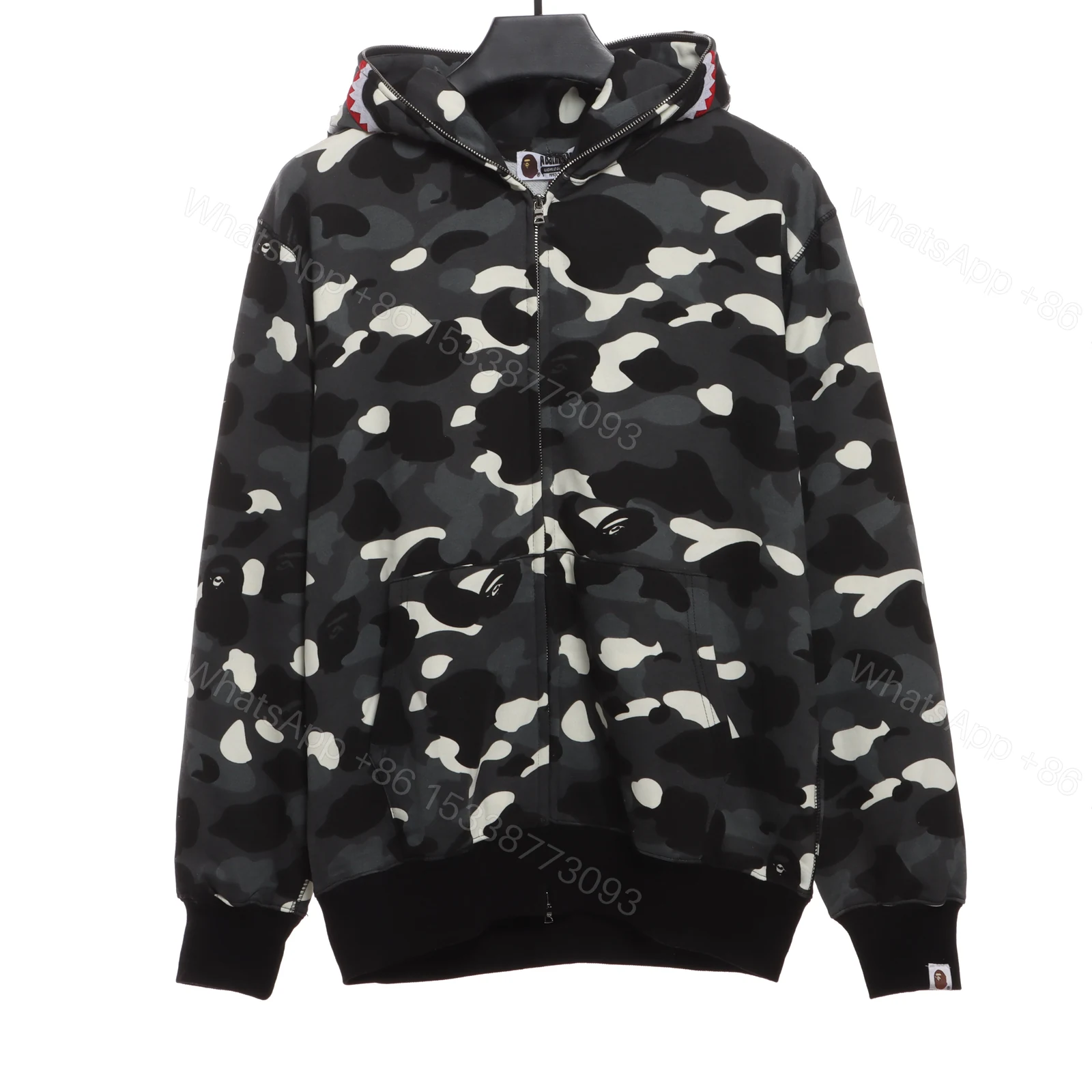 View 4 of BAPE classic black and white camouflage patchwork luminous hoodie Black