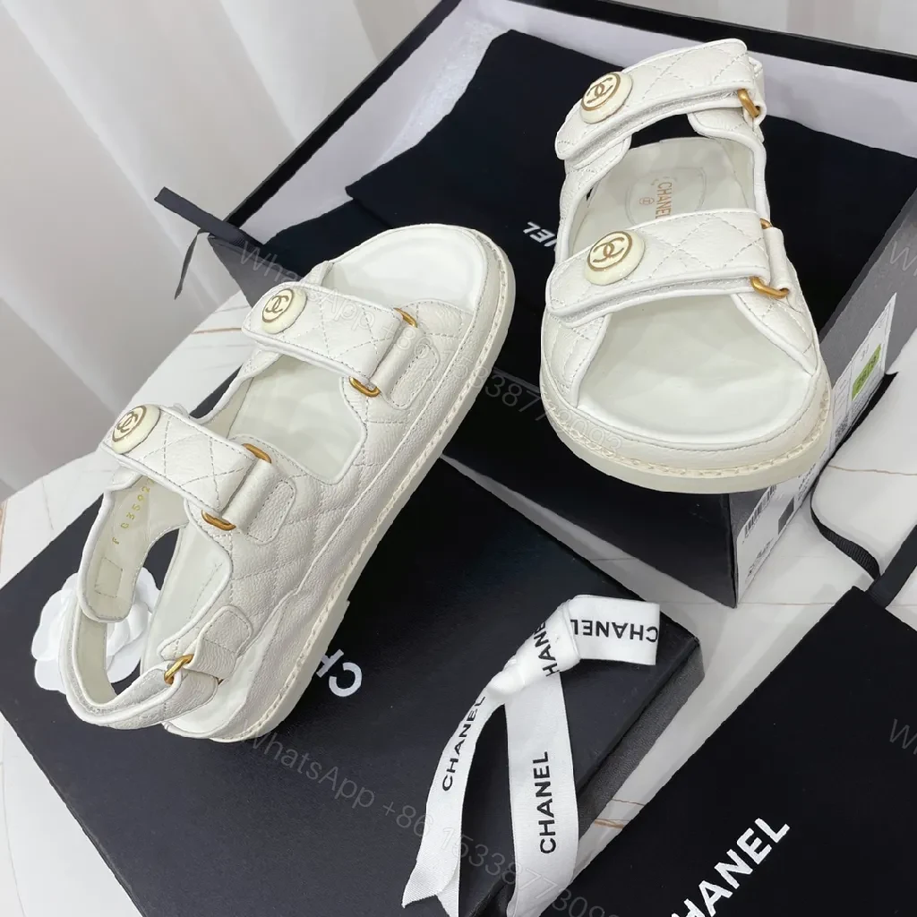 View 5 of White Quilted Sandals with Gold Logo – Luxe Comfort Footwear