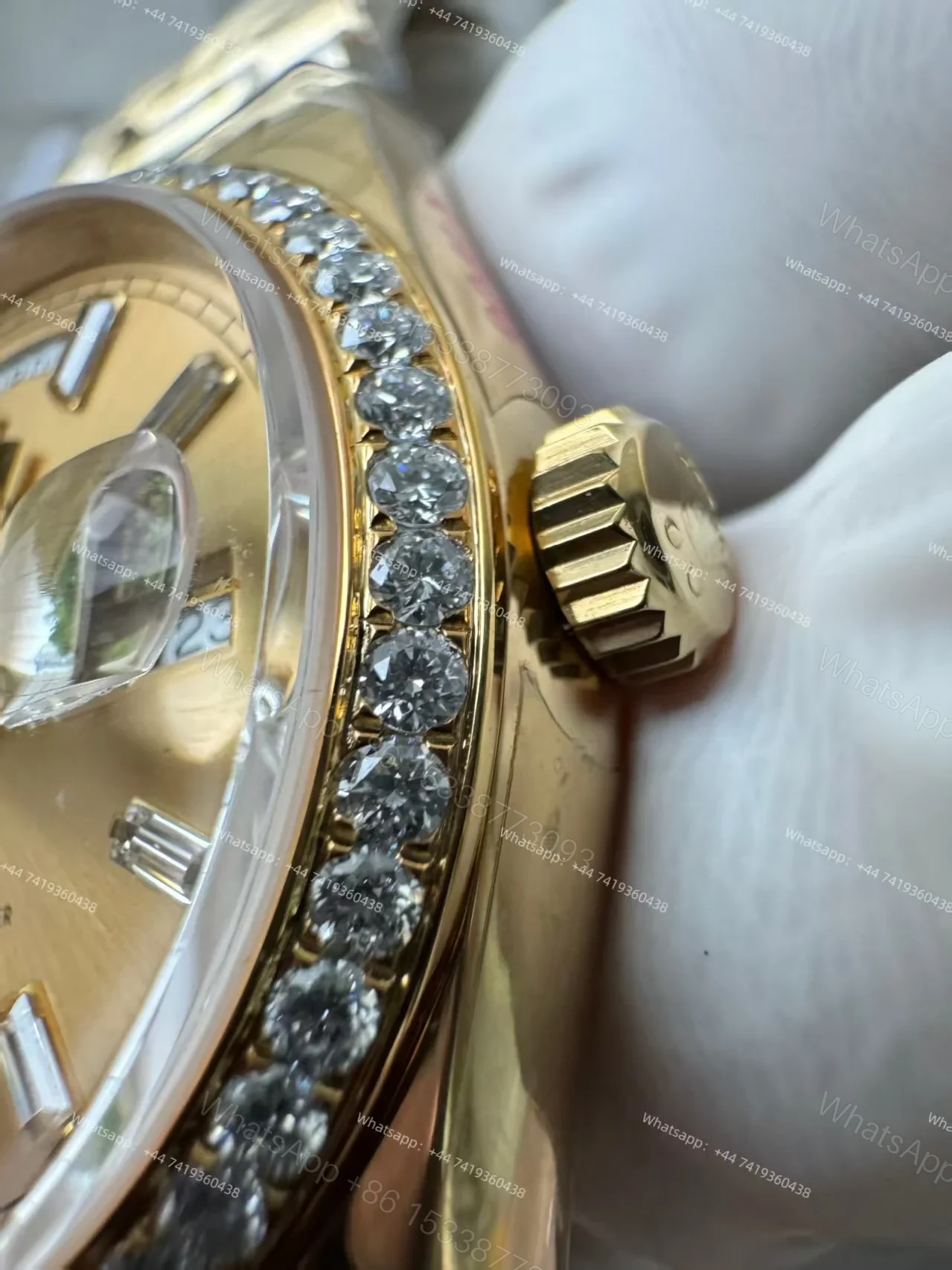 View 9 of Rolex Day-Date M228348RBR-0002 1:1 Replica Moissanite Bezel Gold Dial 40MM 3255 Movement Super Clone Watch