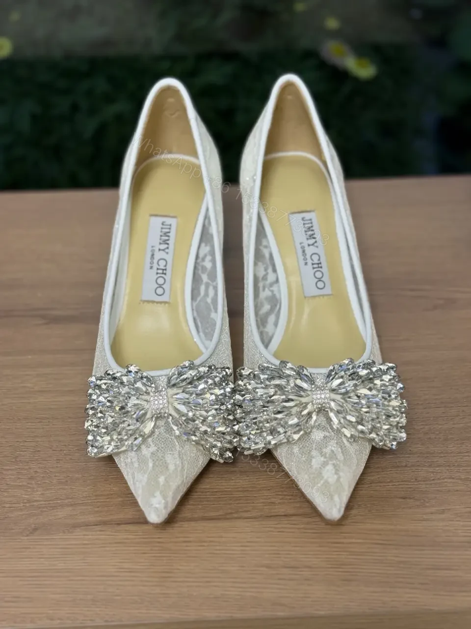 View 6 of Champagne Lace Pumps: Crystal Toe Embellishment, Elegant Pointed-Toe