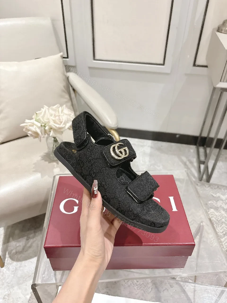 View 3 of Black Textile Sandals with Gold Hardware, Contempo Comfort