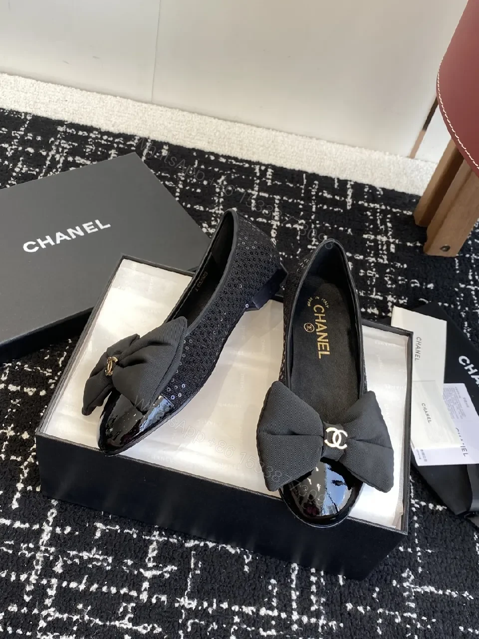 View 2 of Chic Black Patent Ballet Flats with Ribbon Bow Accent