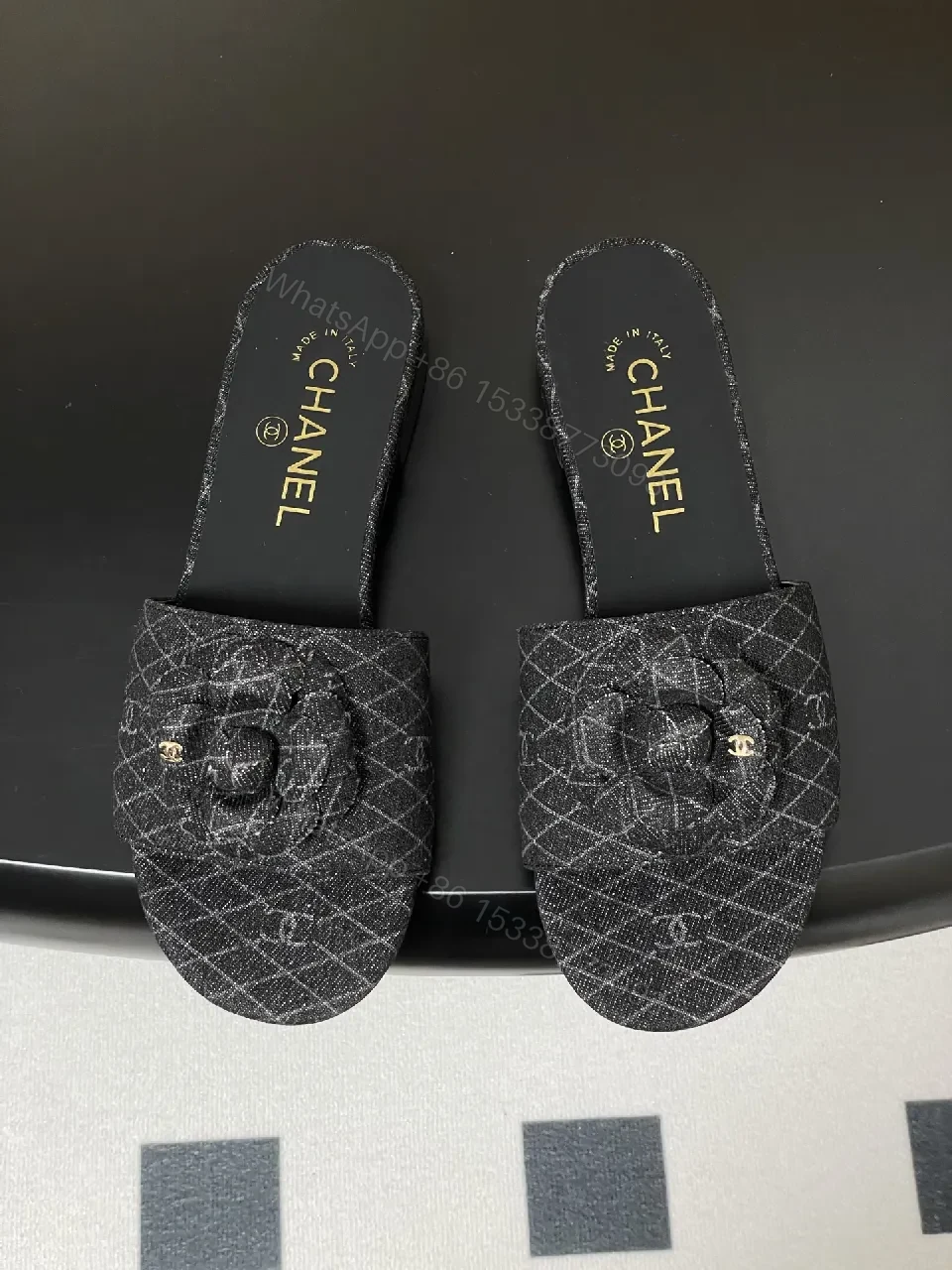 View 2 of Quilted Tweed Slides with Camellia Charm, Open-Back Luxury