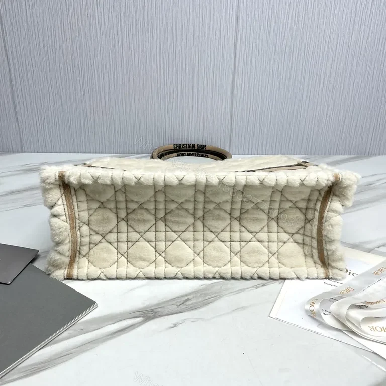 View 7 of Cream Shearling Dior Tote â€” Textured Luxury with Bold Signature Band