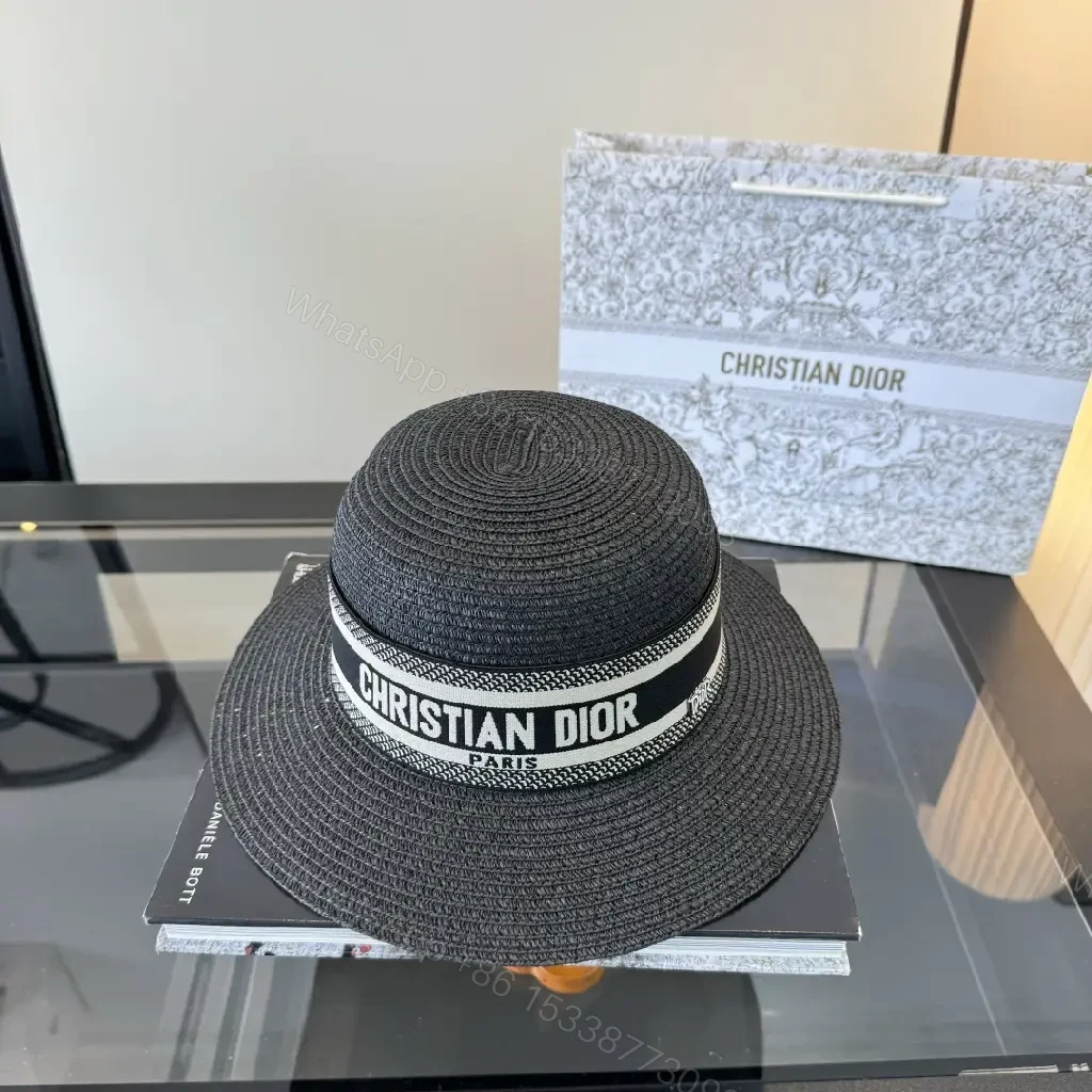 View 9 of Black Woven Straw Hat with Ribbon Band, Dior-Inspired Straw Hat