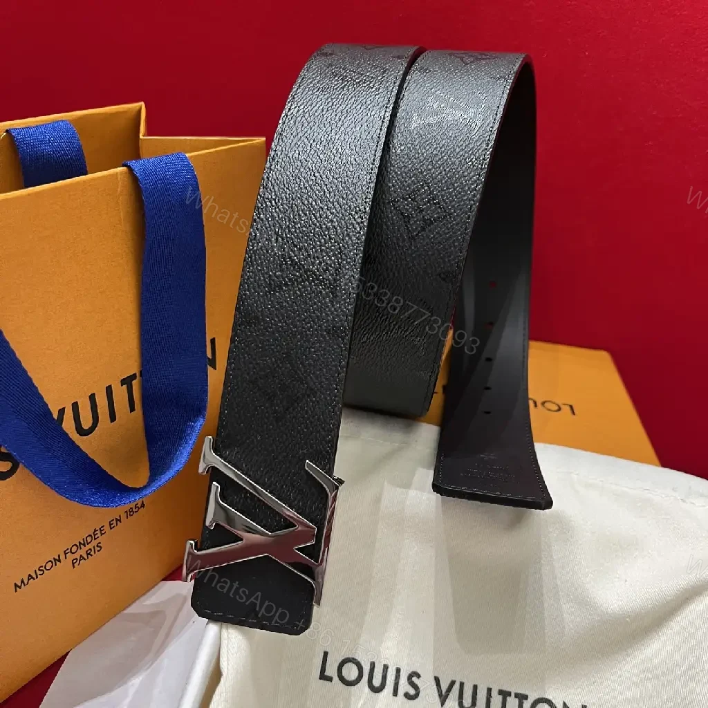 View 2 of Black Leather Belt - Pebbled Texture with Large Silver LV Buckle