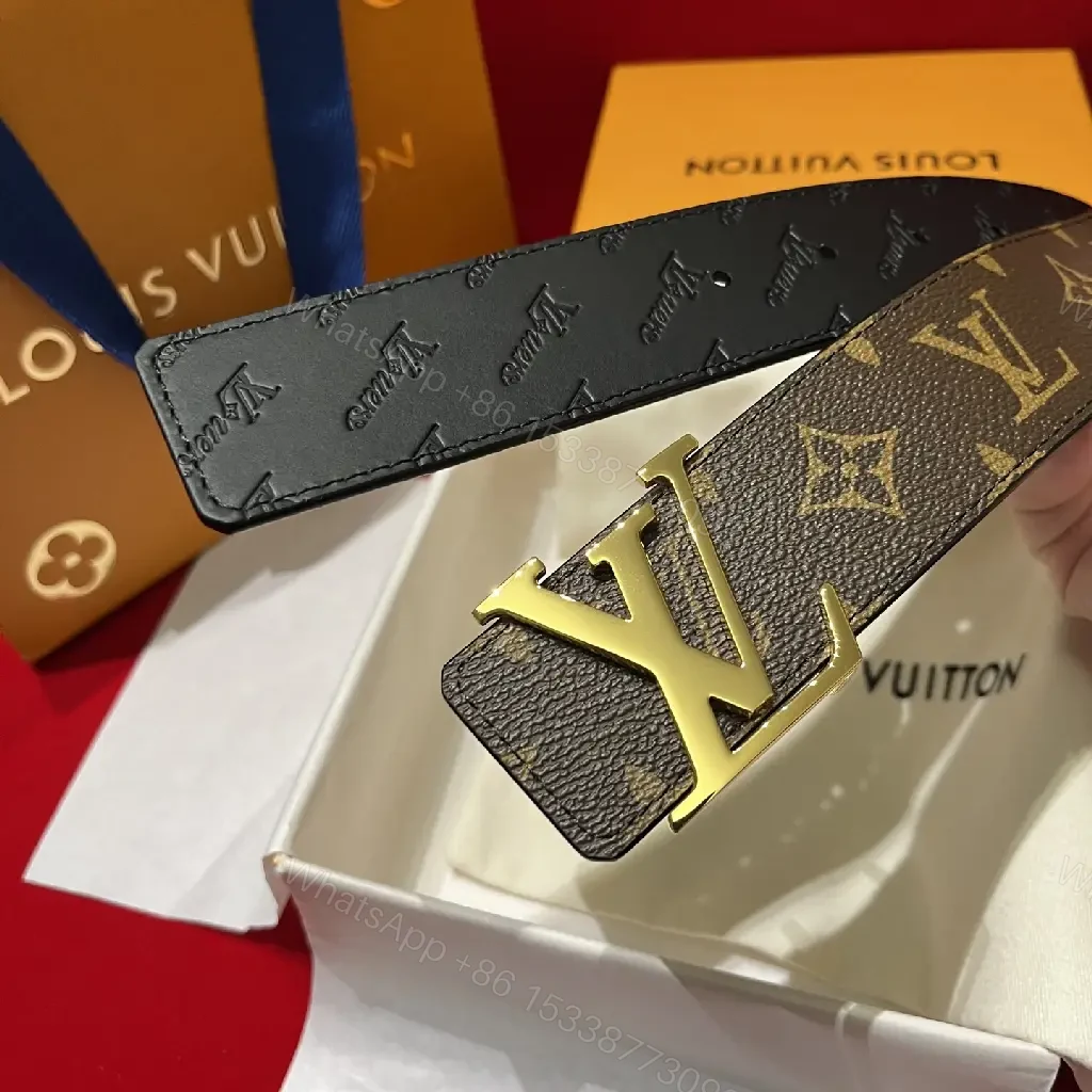 View 9 of Brown & Black LV Monogram Belt with Metal Logo Buckle