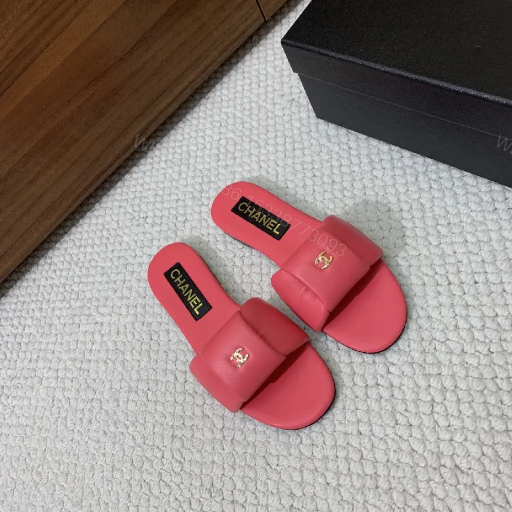 View 9 of Pink Leather Slide Sandals Gold Chanel Logo Slipper Style Bow Accent Sandal