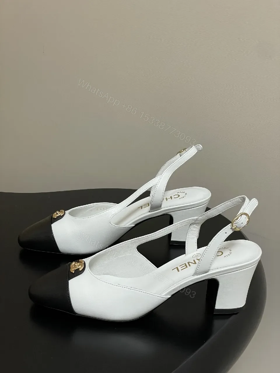 View 8 of Two-Tone Slingback Heels with Gold Logo Accent