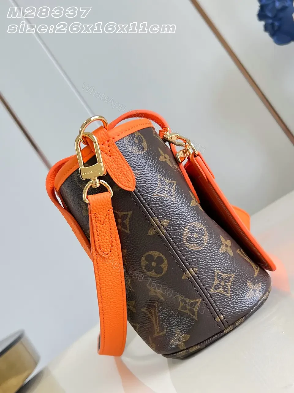 View 5 of Bright Orange Leather Trim Monogram Handbag with Detachable Strap