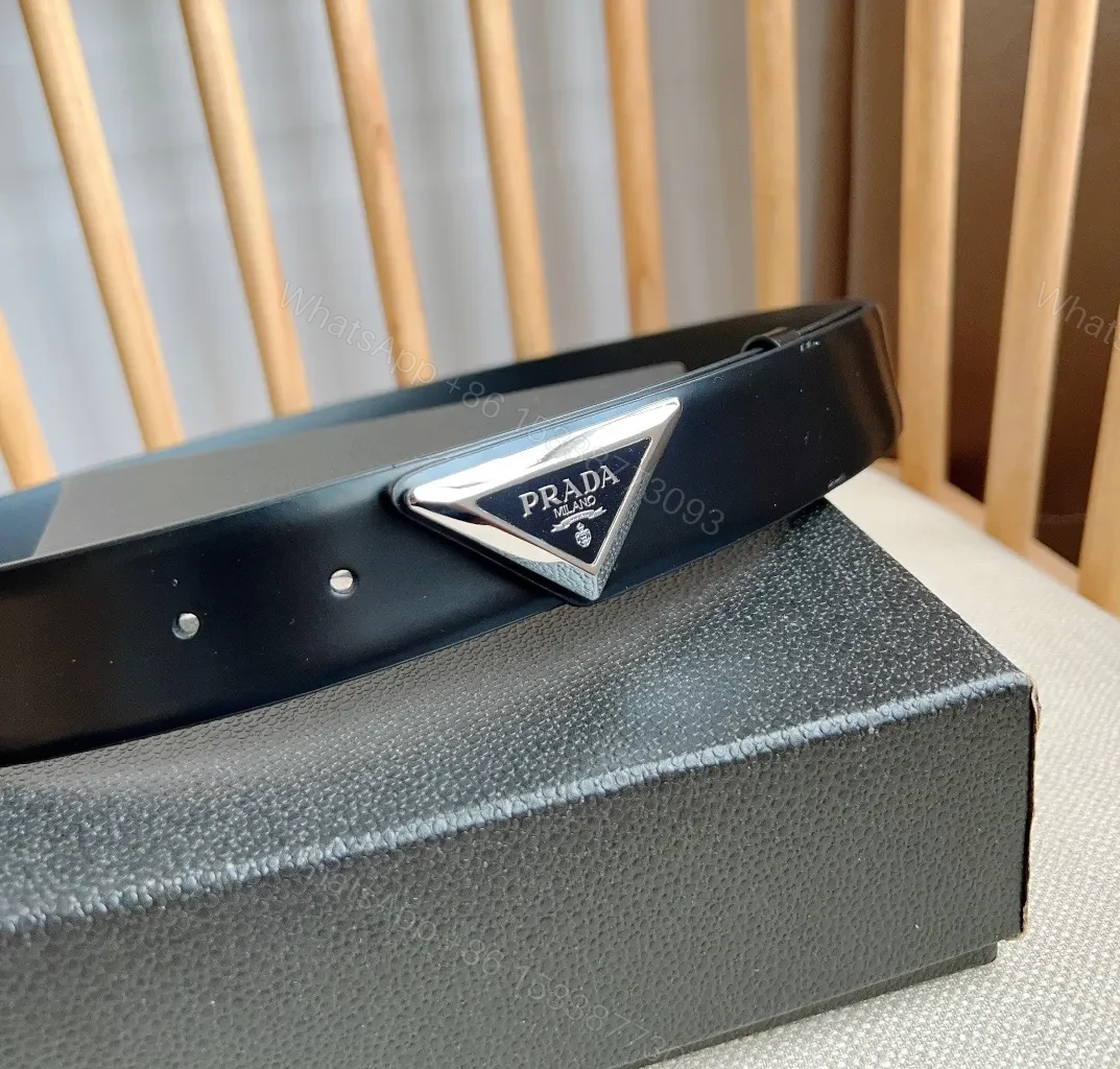 View 3 of Sleek Black Bonded Leather Belt with Prada Triangle Plaque