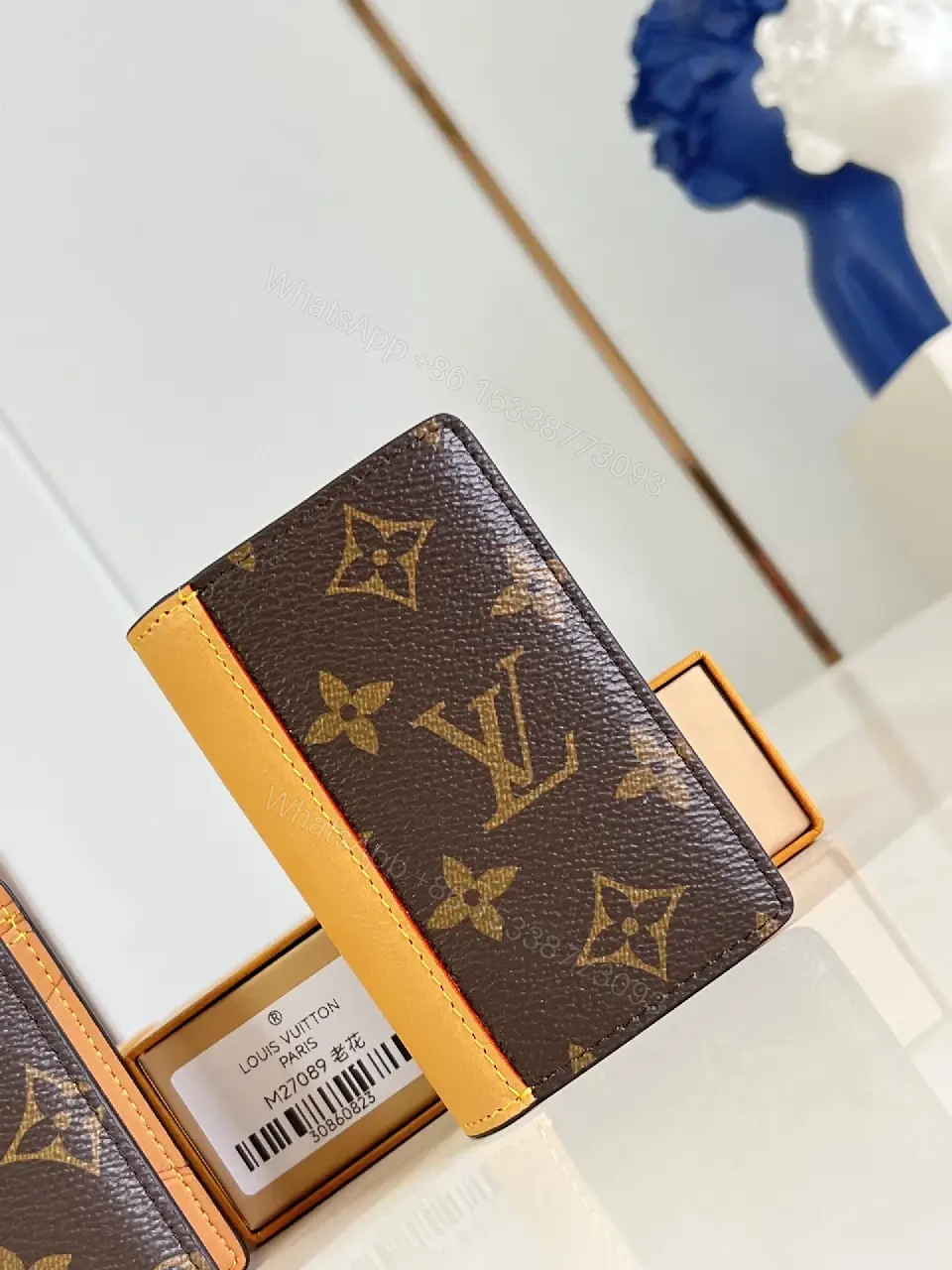 View 6 of Brown Canvas LV Monogram Wallet with Orange Trim Cardholder, Clasp Closure