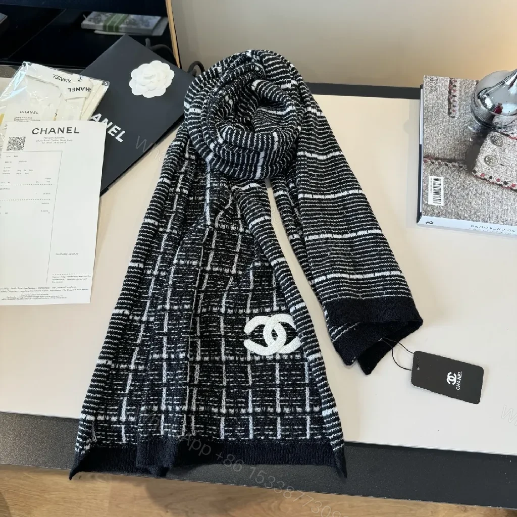 View 6 of Monochrome Knit Scarf-Wrap: Luxe Logo Detail, Grid Pattern