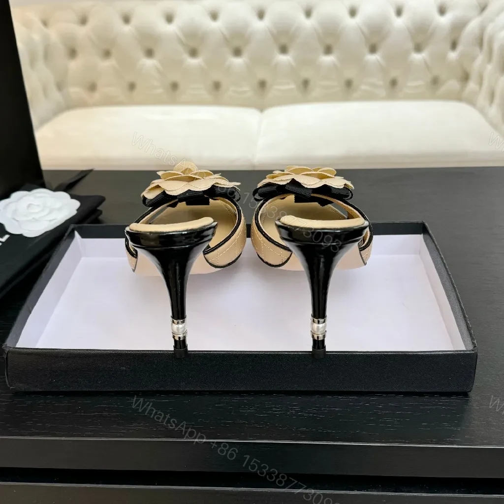 View 6 of Beige Quilted Leather Mules: Camellia, Sculpted Heel, Open-Toe