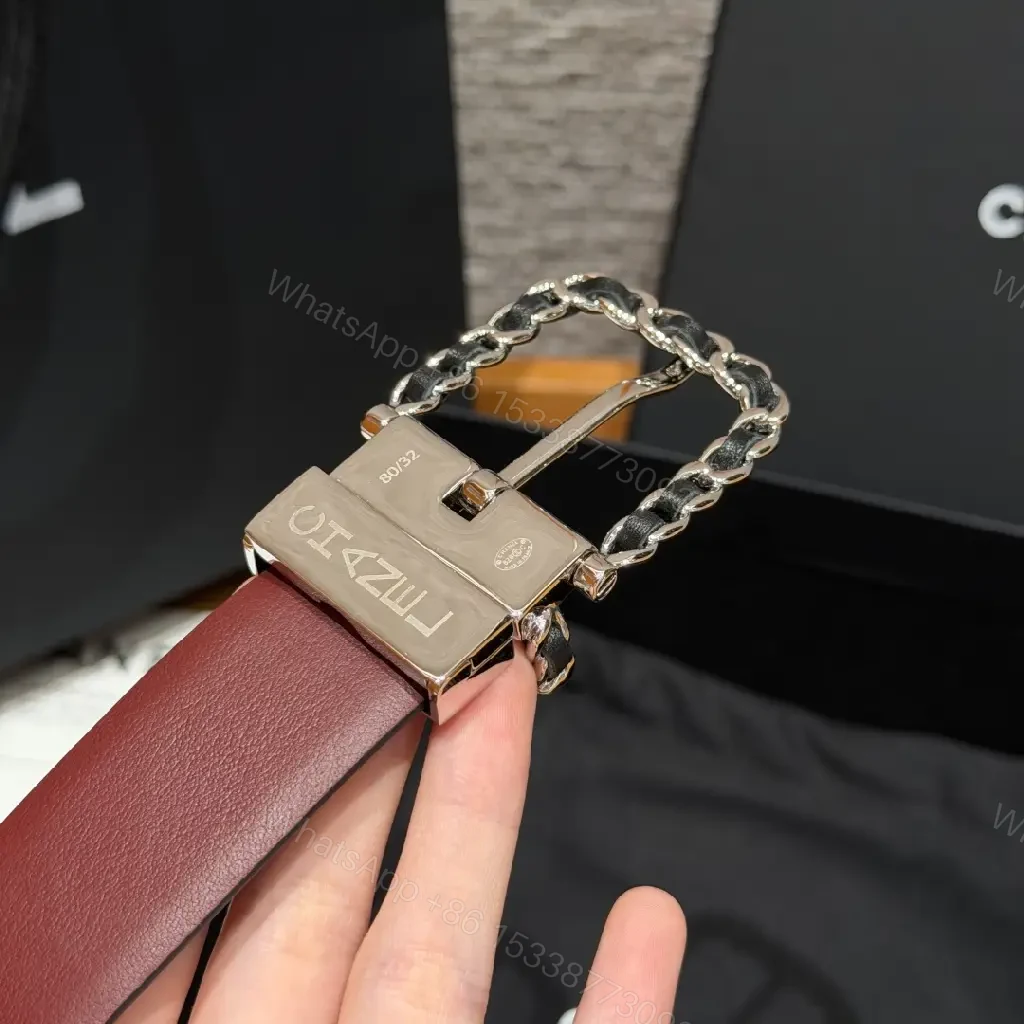 View 8 of Black Leather Belt - Silver Buckle, Chain-Link, Chanel-Style Logo