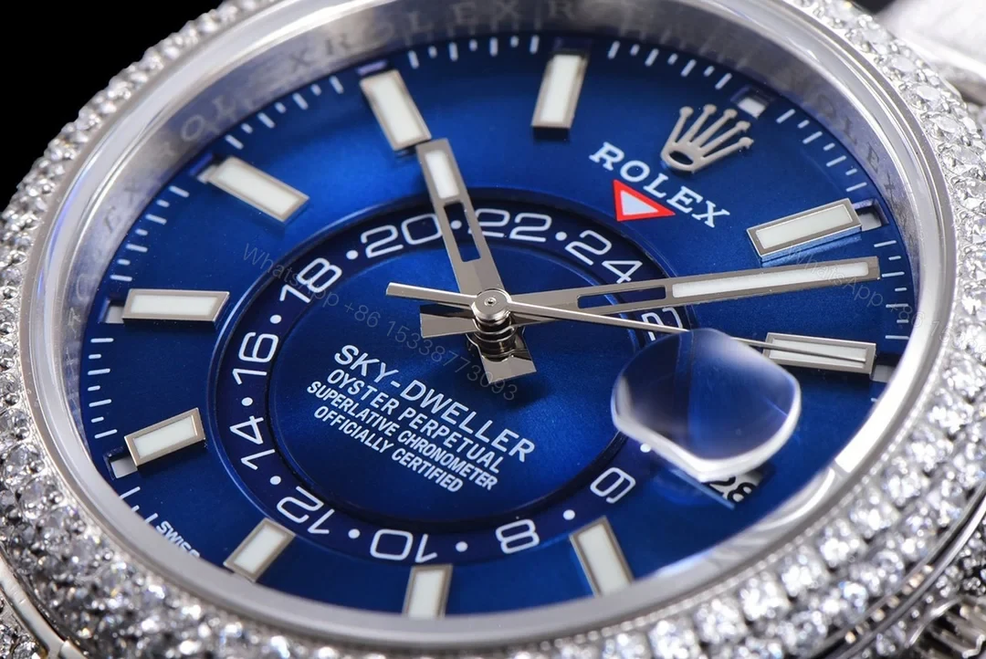 View 3 of Rolex Sky-Dweller Blue Diamond Replica 42MM Premium Full Pavé Steel Bracelet RG-ROLEX-SKYDWELLER-BLUE-DIAMOND-42