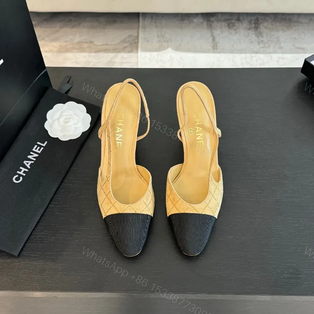 View 4 of Beige Knit Slingback Heels: Two-Tone Cap-Toe Pump
