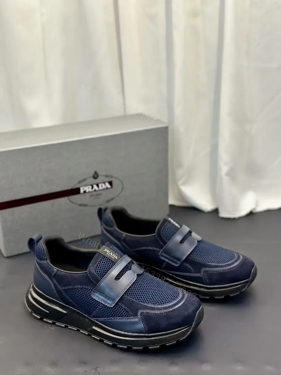 View 4 of Blue Mesh Slip-On Prada-Style Sneaker with Hook-and-loop Strap
