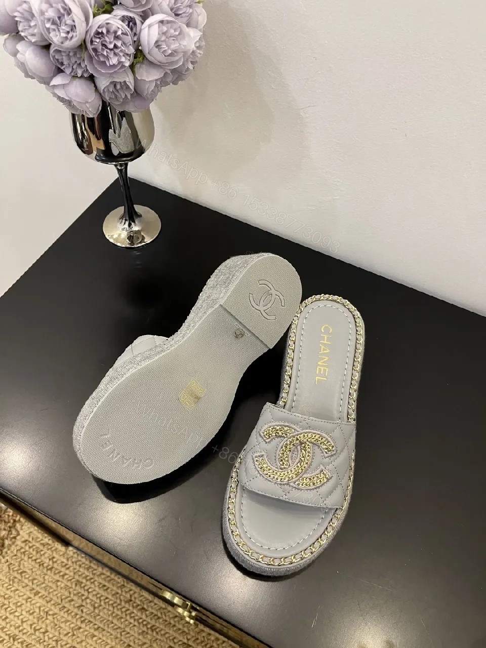 View 9 of Grey Leather Slip-On Sandals with Gold Chain Logo