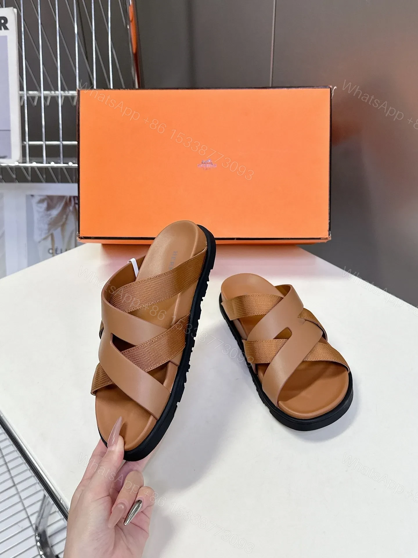 View 5 of Hermes Women Tan Leather And Fabric Sandals