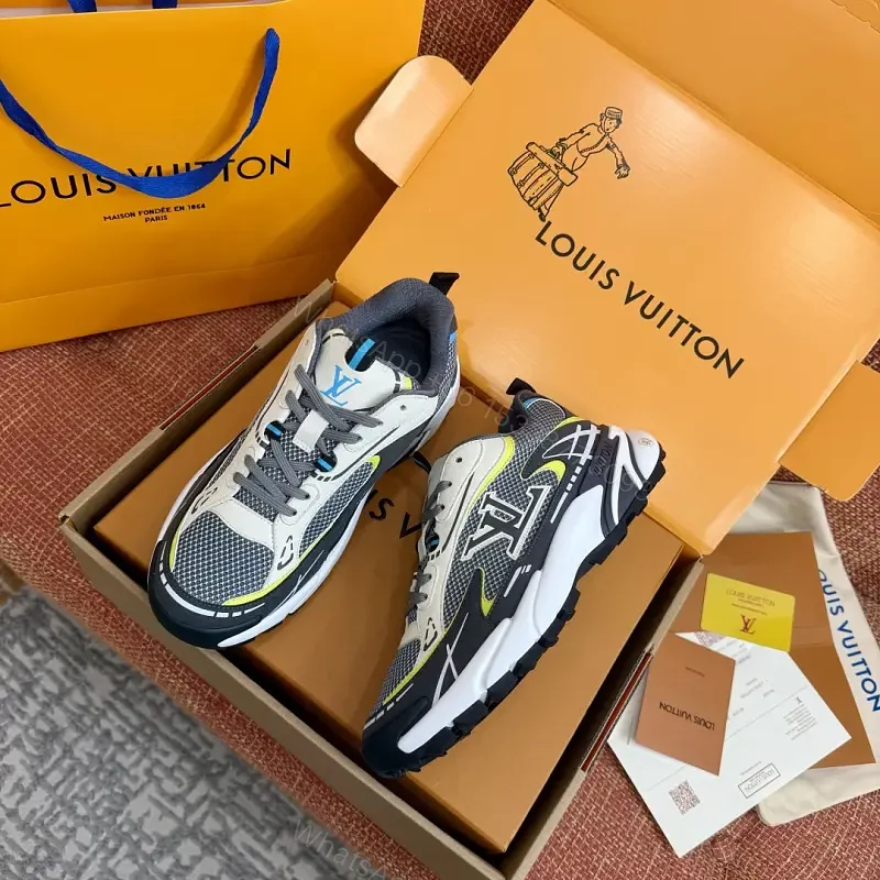 Black Grey Mesh Runner Sneakers with Neon Accents, Louis Vuitton Style, Men's/Unisex — view 1