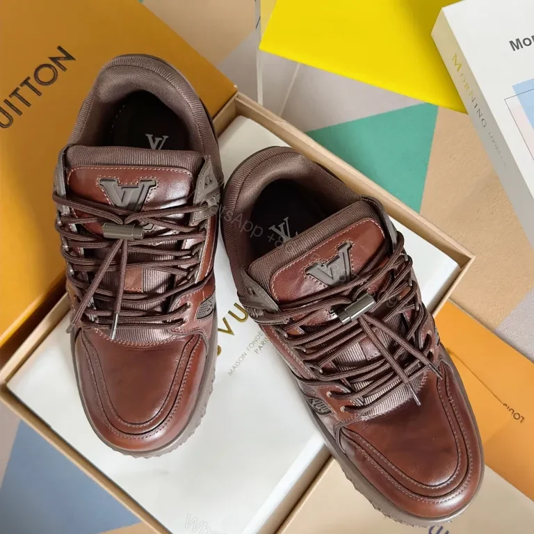 View 9 of Premium Leather Trail Sneakers: Burgundy, LV-Inspired Detail, All-Day Comfort