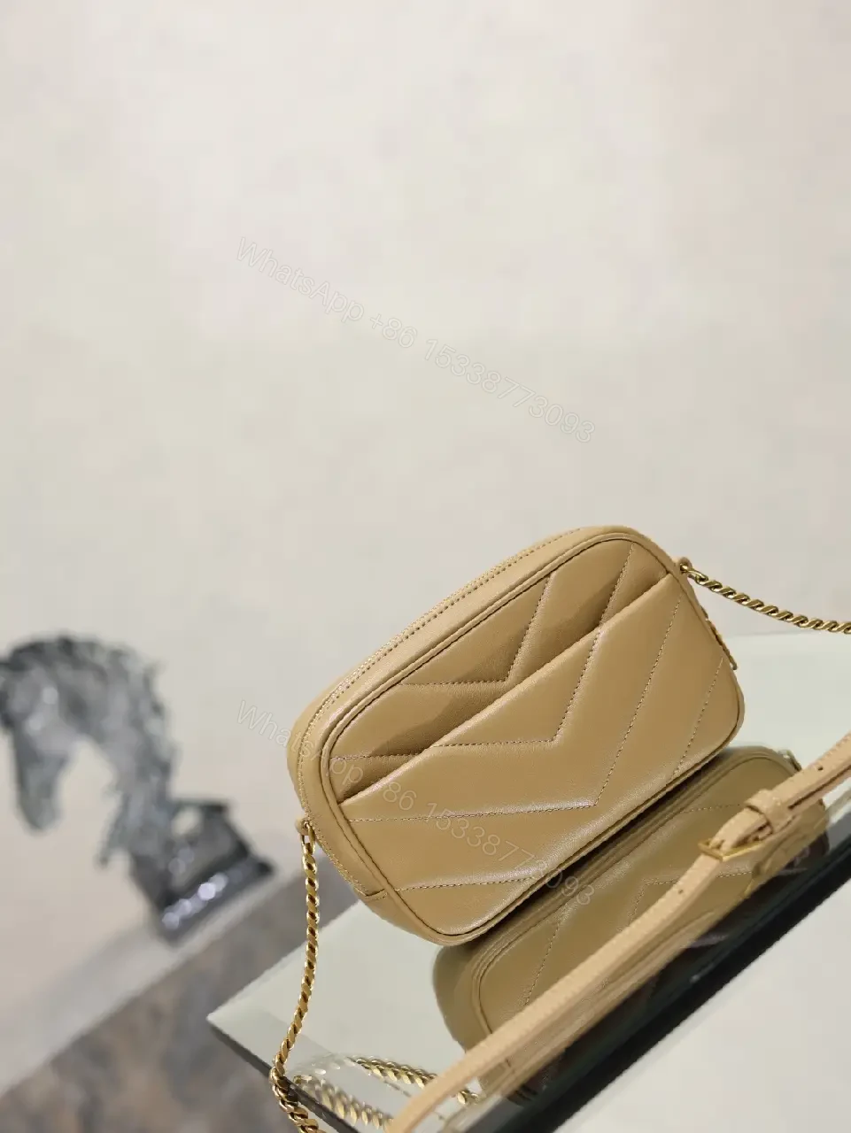 View 8 of Beige Leather Chevron Crossbody Bag with Gold YSL Logo