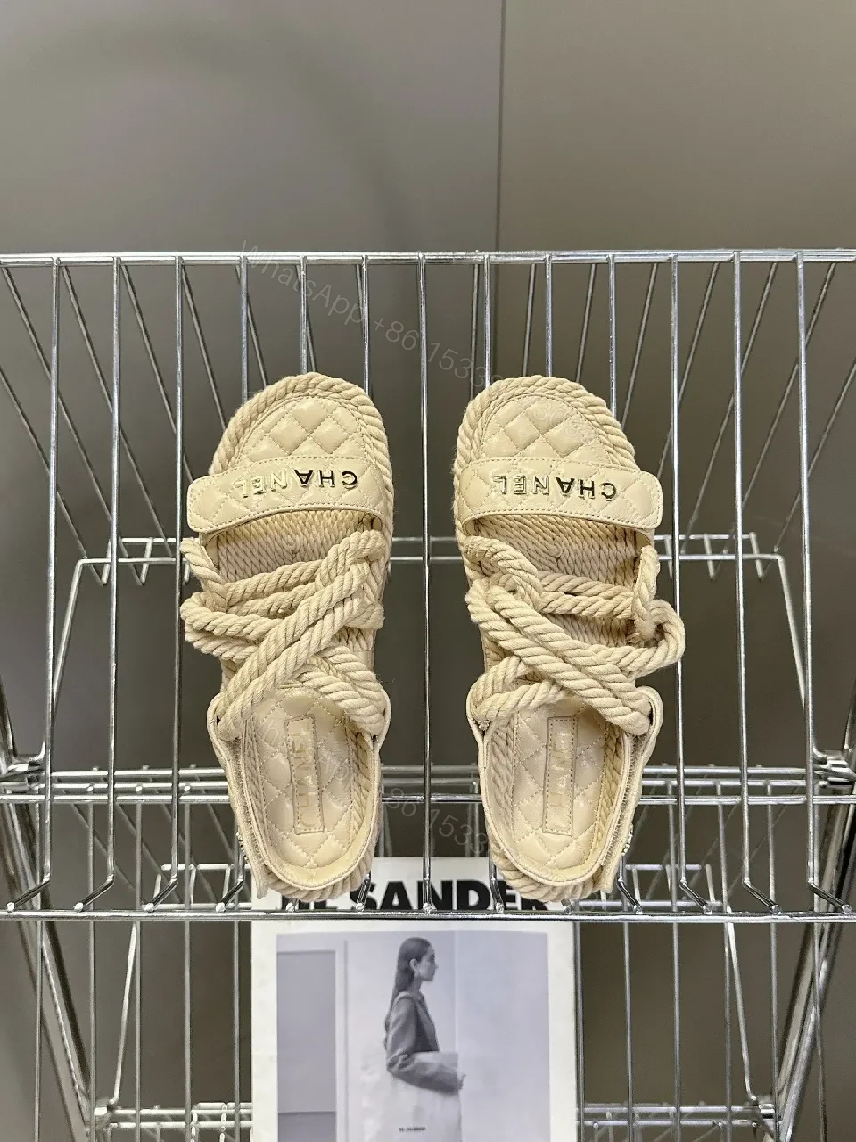 View 9 of Quilted Footbed Sandals with Knit Straps, Neutral Tone