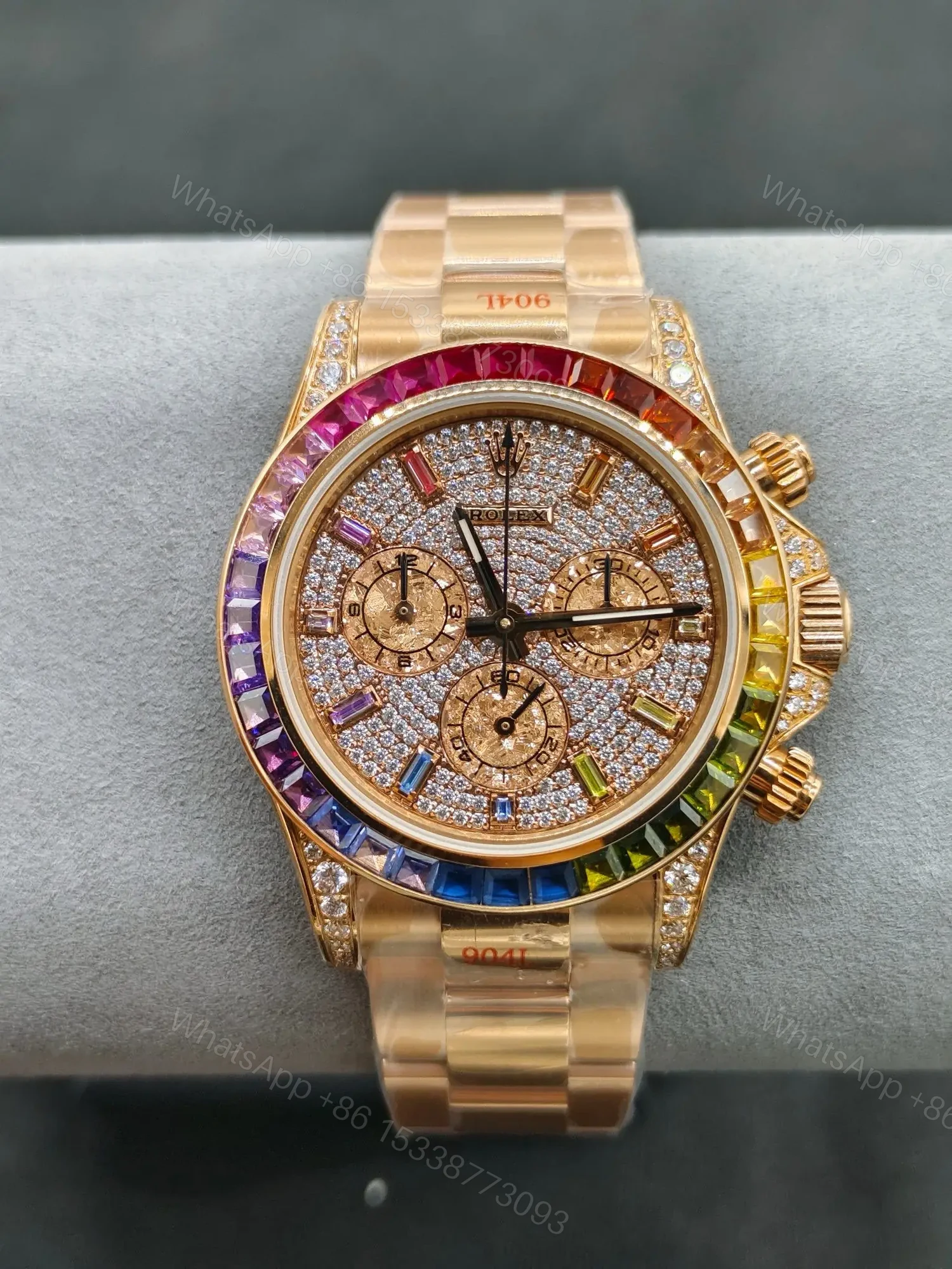 Premium Rolex Daytona Rainbow Iced Rose Gold replica 40MM Oyster Bracelet Edition RLX-DAYTONA-RAINBOW-ICED-ROSEGOLD-40MM-OYSTER-BRACELET — view 1