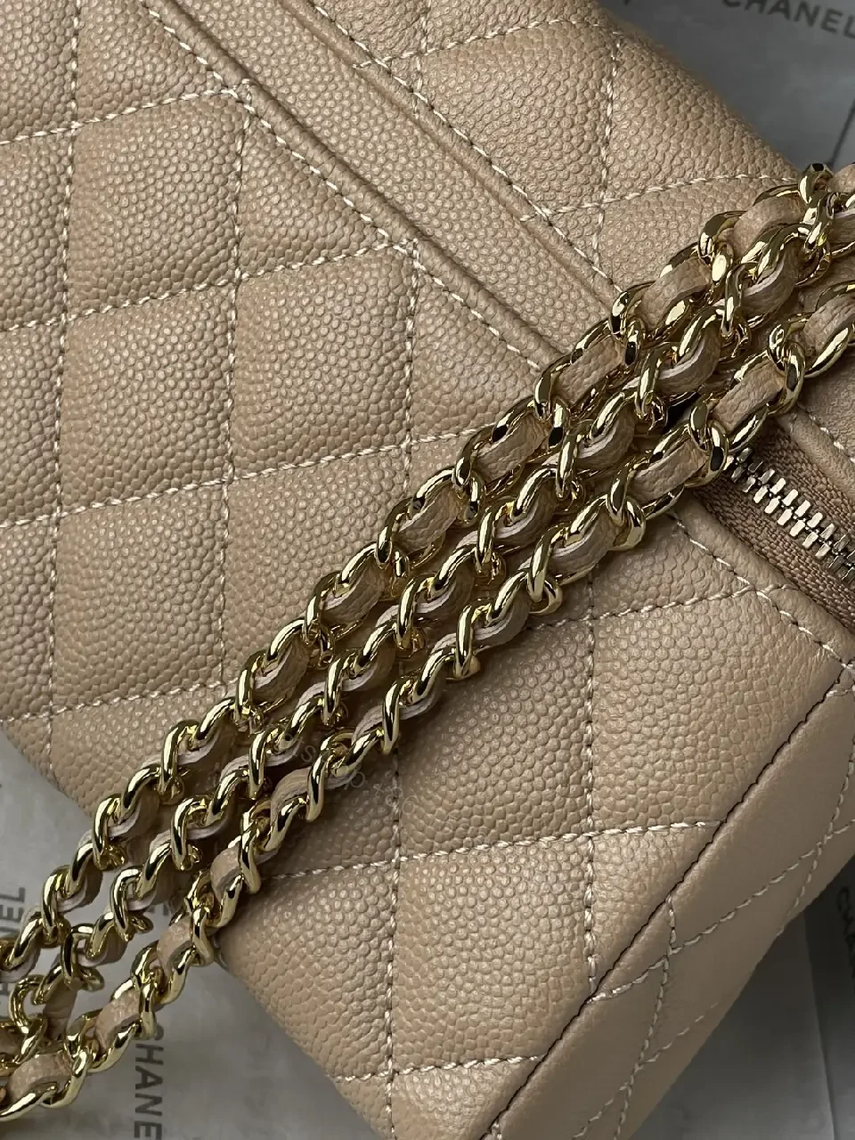 View 5 of Taupe Quilted Crossbody: Lambskin, Gold Chain, Classic Glamour