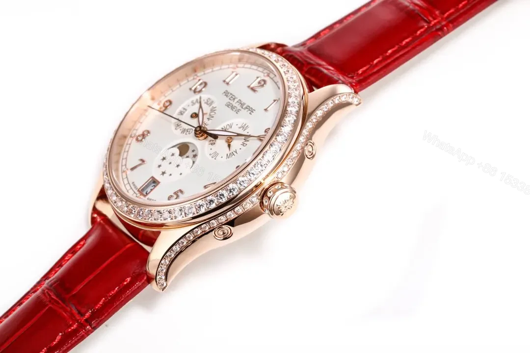 View 5 of Patek Philippe Complications Collection Annual Calendar Moon Phase Women’s Watch in Rose Gold with Diamond Set Case Red Leather Strap and Mother of Pearl Dial