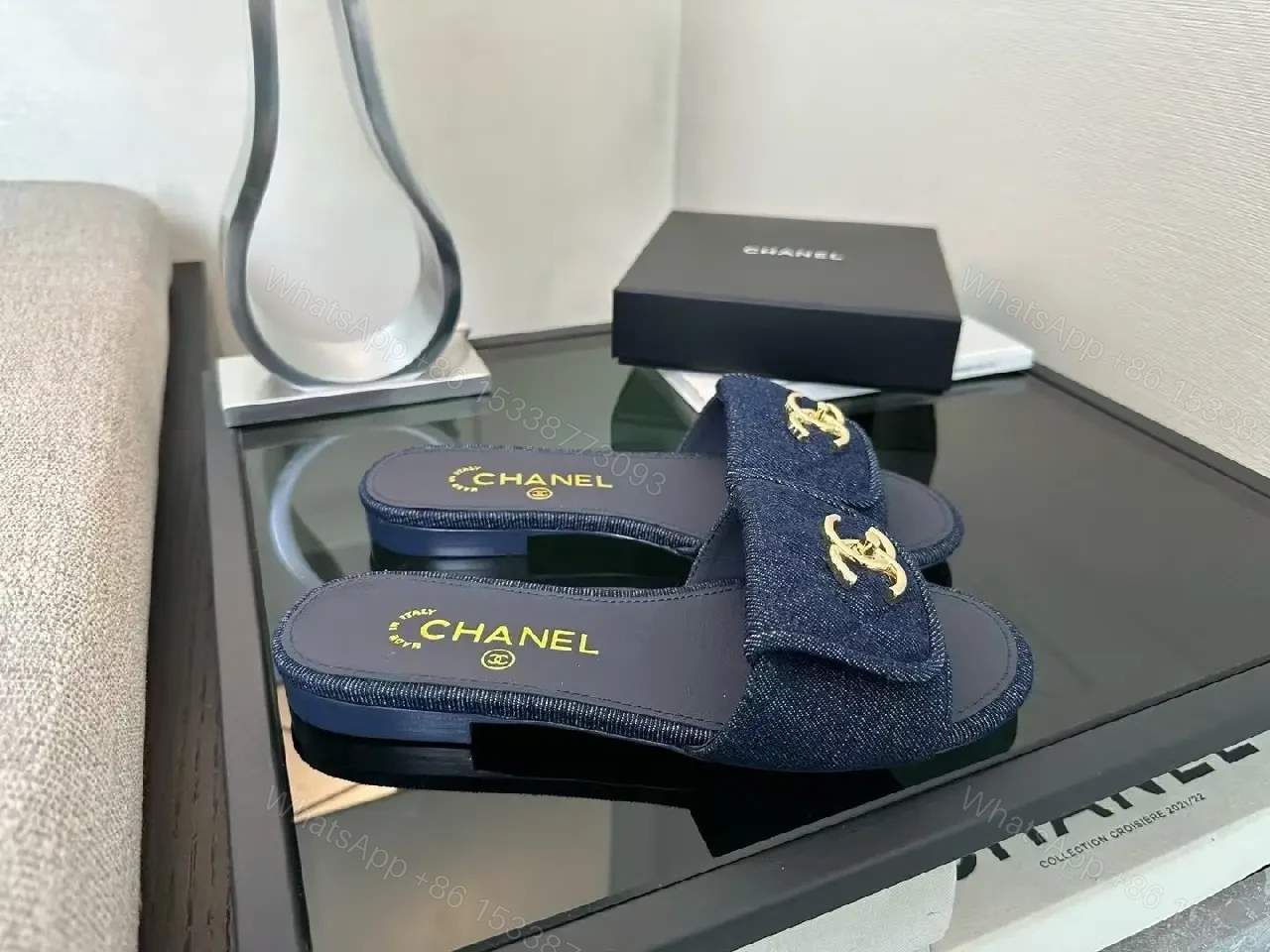 View 8 of Denim Slides with Gold Emblem – Luxe Casual Comfort