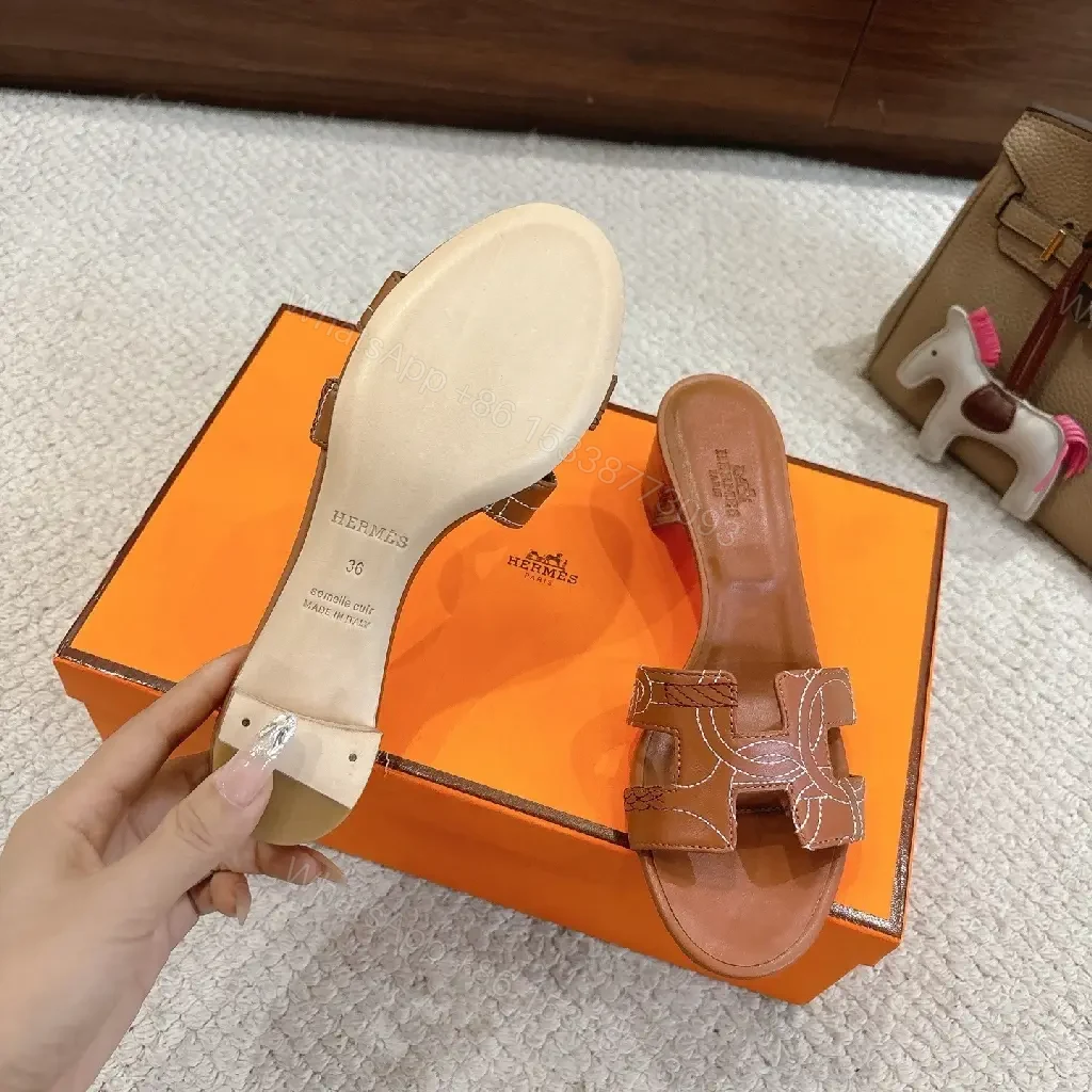 View 9 of Brown Leather Sandals with Signature Stitching Luxury Comfort