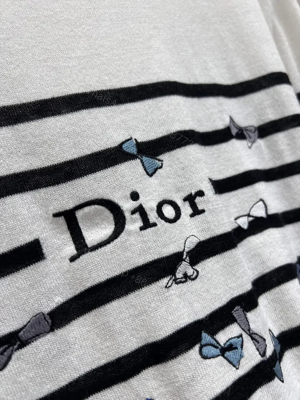 View 6 of White Knit Top Black Stripes Dior Floral Pattern Crew Neck Crop Top